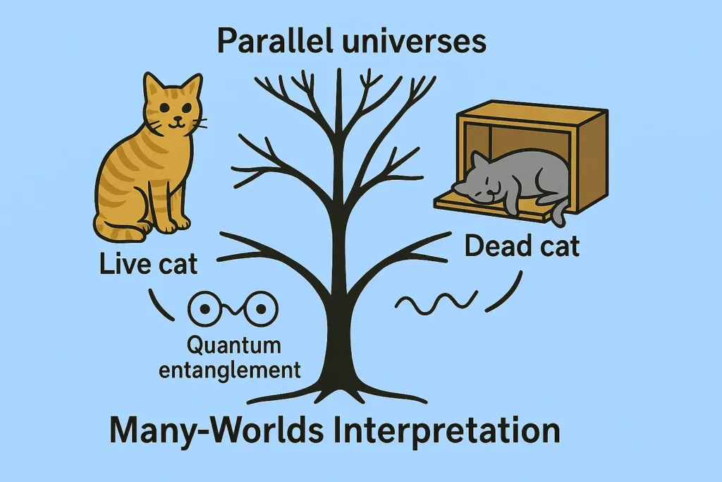 Many-Worlds interpretation illustration of Schrödinger's cat thought experiment with branching universes, quantum superposition, and decoherence.