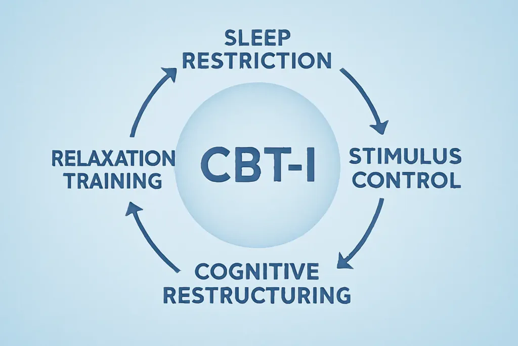 CBT-I treatment cycle diagram showing sleep restriction therapy, stimulus control, cognitive restructuring and relaxation training components.