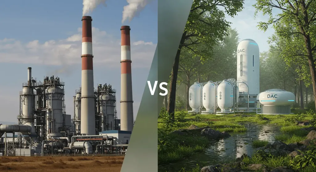 Comparison of industrial CCS factory and DAC facility, showing carbon capture and storage vs. direct air capture technologies.