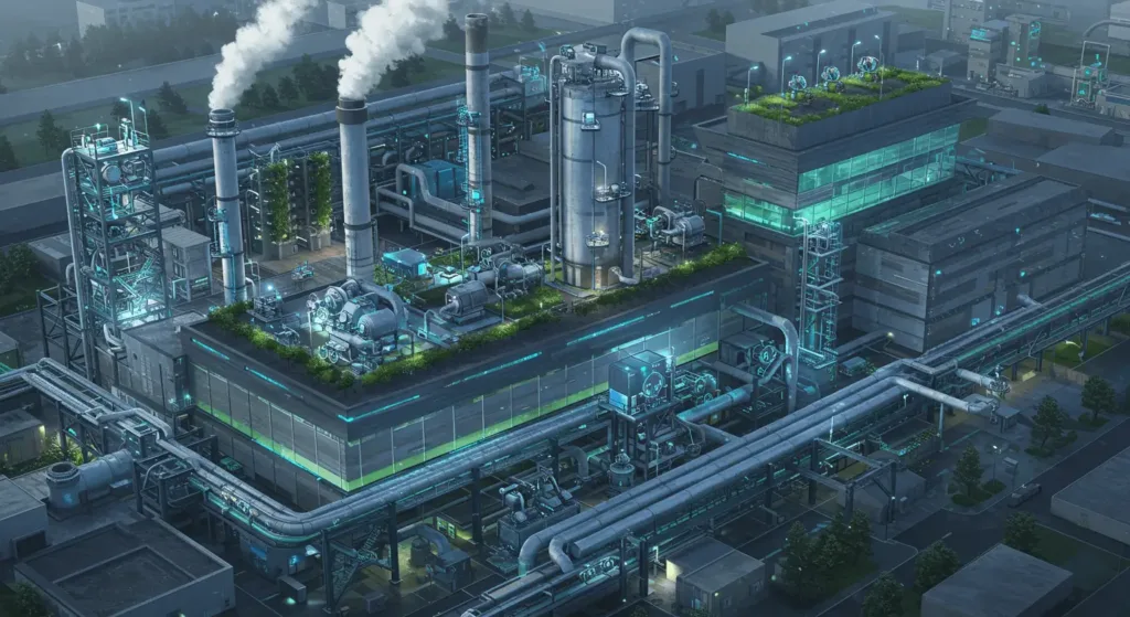 Carbon capture technology at industrial facility with clean smokestacks and environmental equipment.