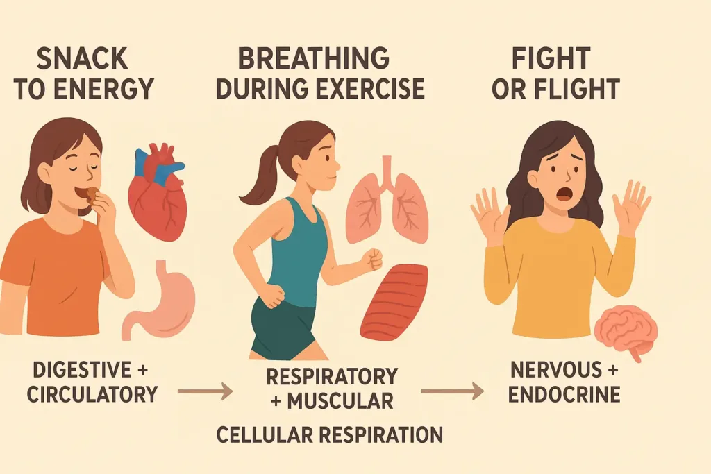 Infographic of human body systems interacting in scenarios like snack to energy, breathing harder, fight or flight.