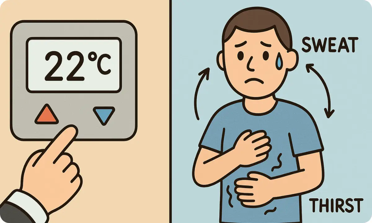 Thermostat analogy for homeostasis in human body, negative feedback loops with sweat and shiver examples.