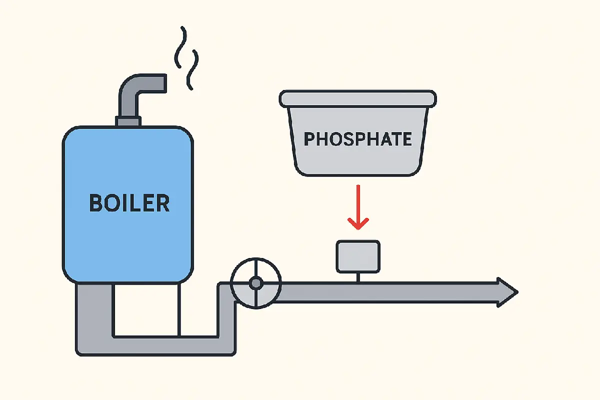 Industrial boiler water treatment system using trisodium phosphate TSP for pH control corrosion prevention.