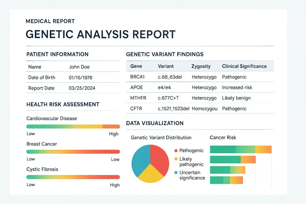 Genetic health report showing personalized medicine insights based on gene mapping analysis.