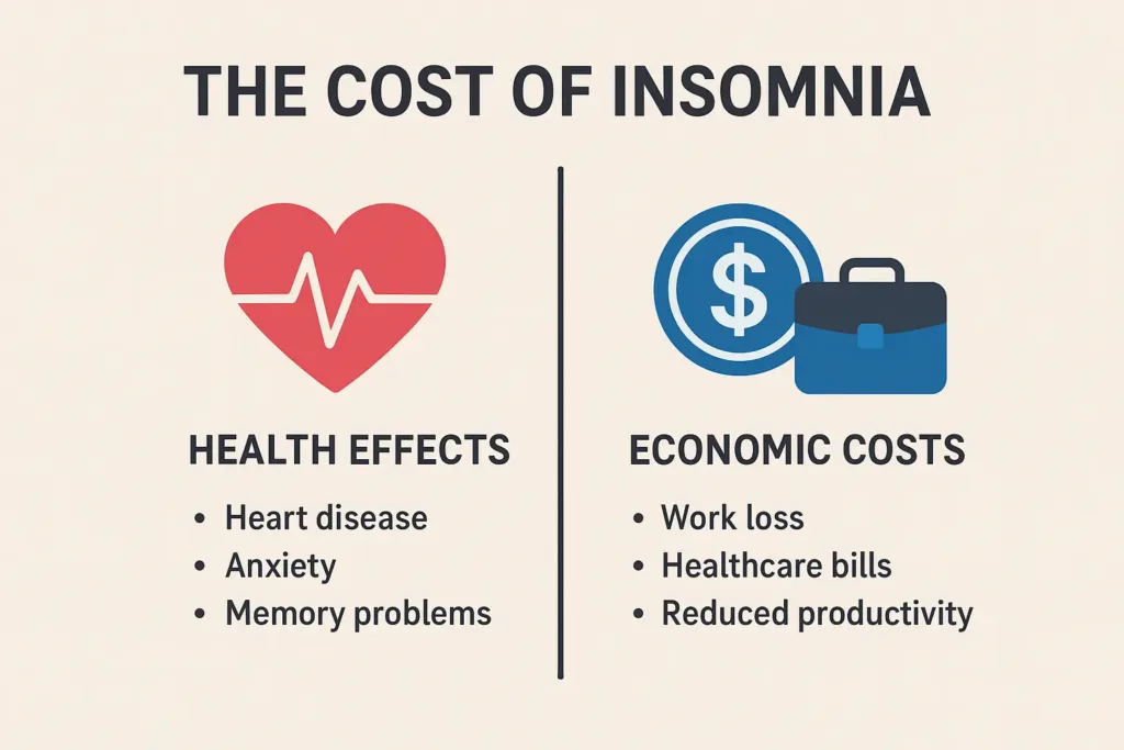 Infographic illustrating the cost of insomnia, showing health effects such as heart disease, anxiety, and memory problems on one side, and economic costs like work loss and healthcare bills on the other.