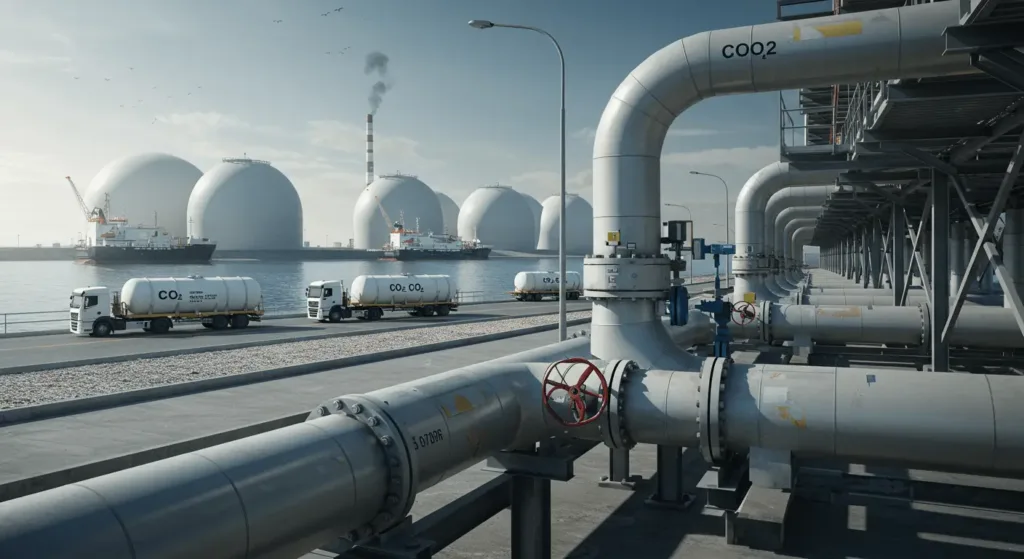 CO2 pipeline with high-pressure gas flow, trucks and ships carrying pressurized CO2 containers, modified natural gas pipelines, modern industrial setting.