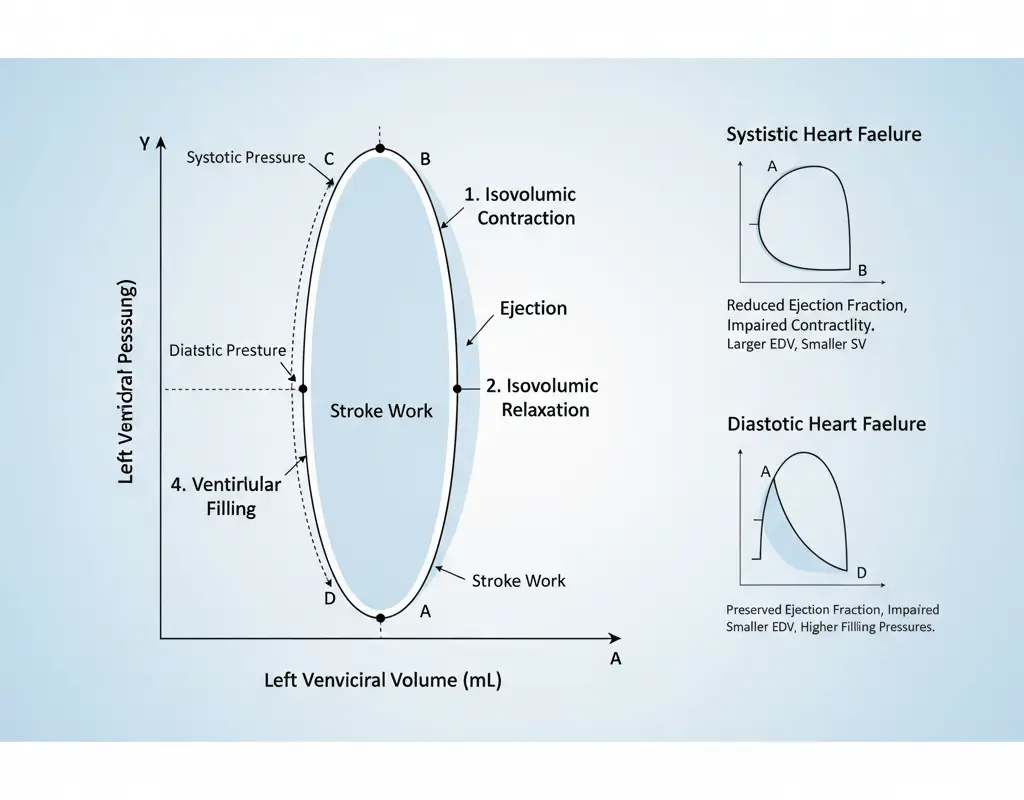 Pressure-volume loop diagram for the heart, showing different phases of the cardiac cycle and contrasting loops for healthy hearts and those with systolic and diastolic heart failure.