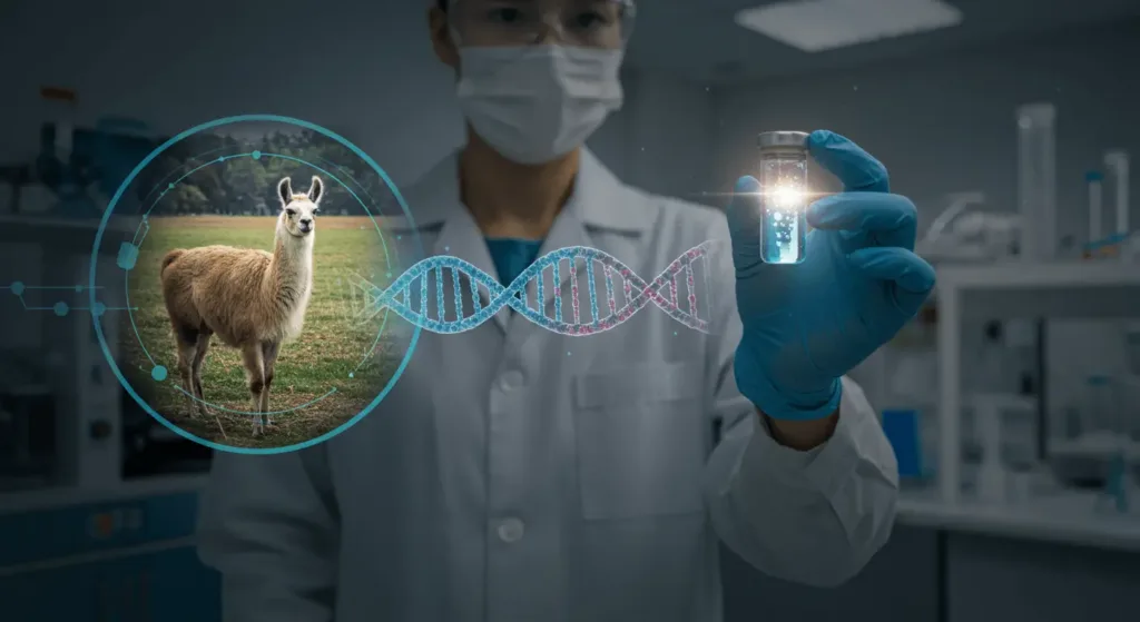 An image showing a scientist in a lab, with a glowing vial, and a conceptual background of a llama, representing nanobodies production.