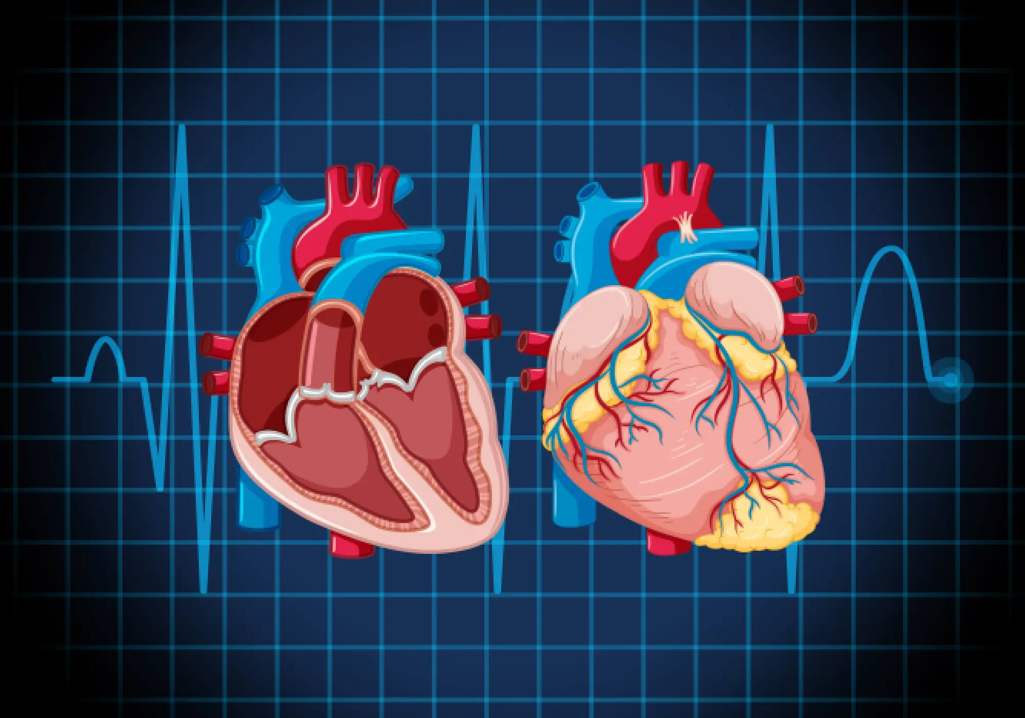 Detailed human heart anatomy diagram showing chambers, valves, great vessels, and coronary arteries.