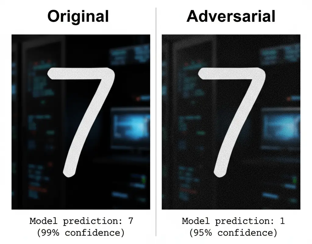 A visual comparison of an original and an adversarial image from the MNIST dataset, demonstrating how adding a small perturbation to a number '7' causes a model to misclassify it as a '1'.