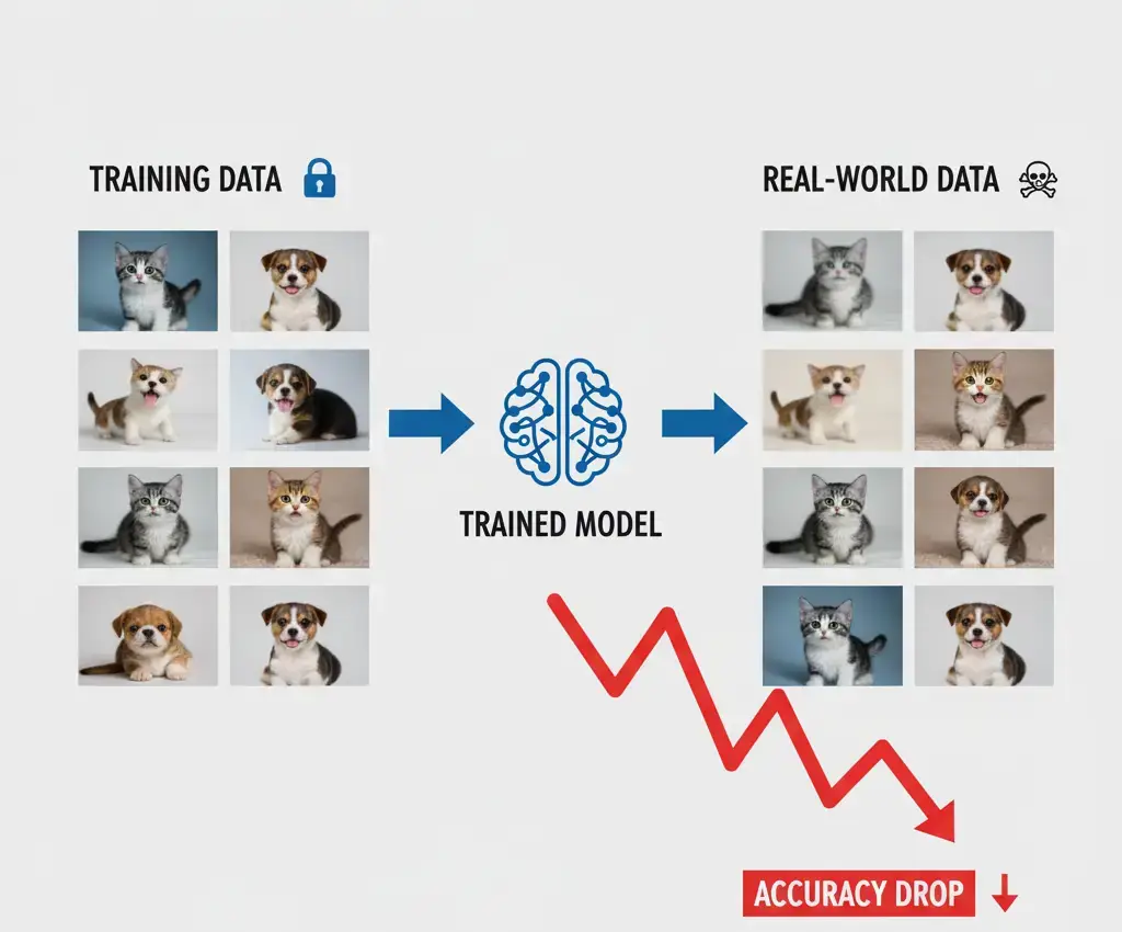 A diagram demonstrating data shift, where a model trained on a clean, perfect dataset experiences a significant drop in accuracy when tested on messy, real-world data with blurring and noise.