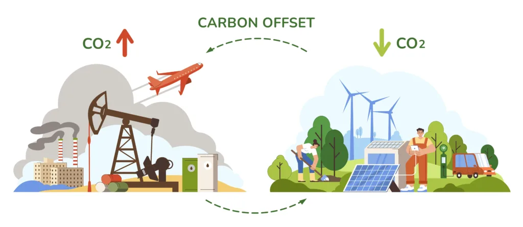 Diagram of the carbon offset showing emission sources like factories and sinks like trees and oceans, a key scientific concept for understanding carbon offsets.