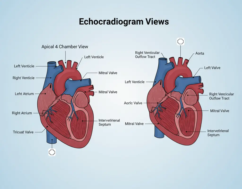 Echo heart anatomy showing apical four-chamber view and parasternal long-axis view with labeled cardiac structures.