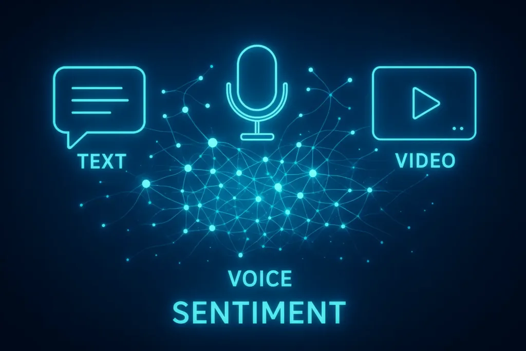 future sentiment analysis trends showing multimodal text voice video emotion detection with AI neural networks.