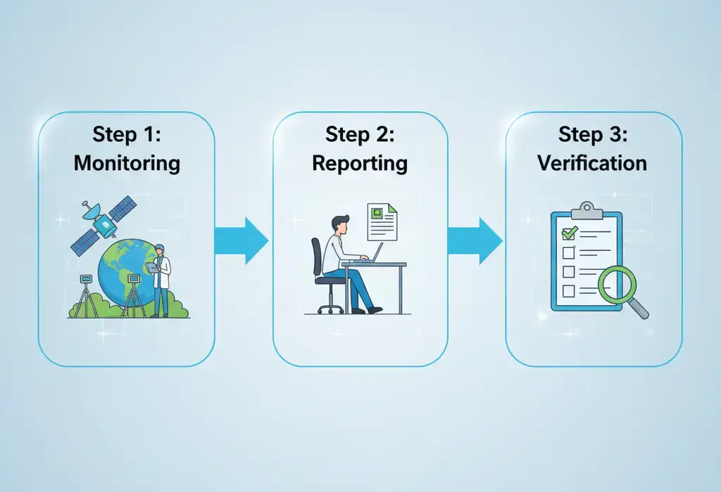 Flowchart detailing the MRV process for carbon credit measurement, including monitoring via satellite and field samples, reporting, and third-party verification.