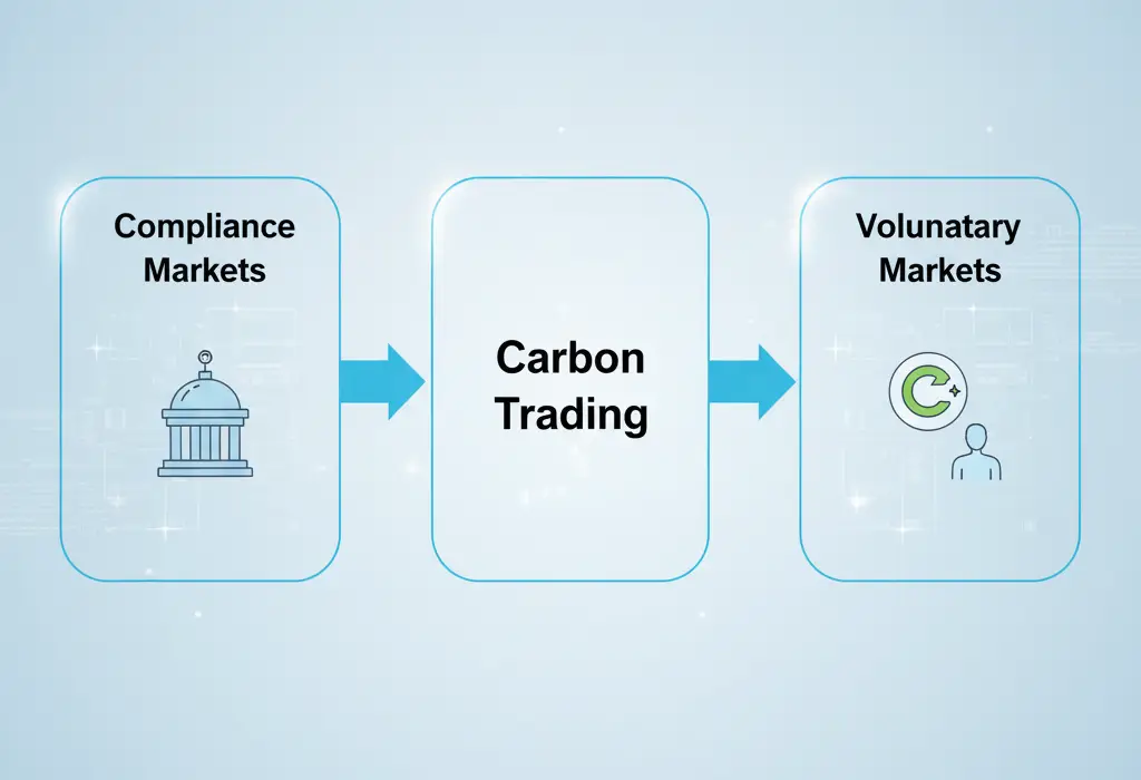 Diagram of carbon markets showing the difference between compliance markets like the EU ETS and voluntary markets for corporate carbon offsets.