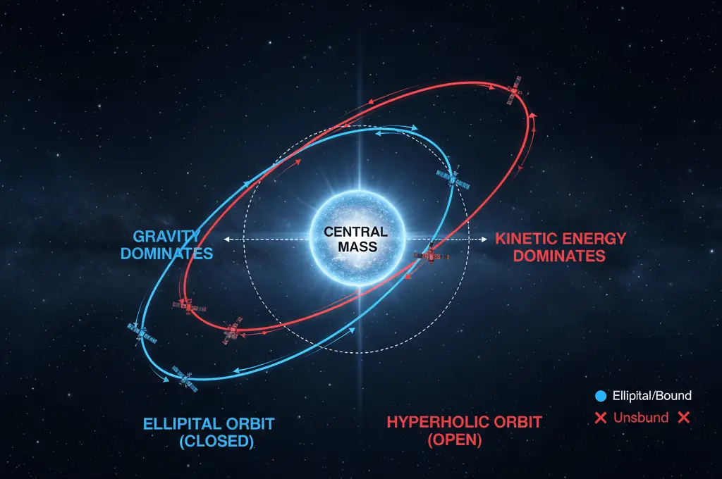 A diagram illustrating elliptical (closed, blue) and hyperbolic (open, red) orbits around a central mass, set against a starry background. The elliptical orbit shows a bound object, while the hyperbolic orbit shows an unbound object.