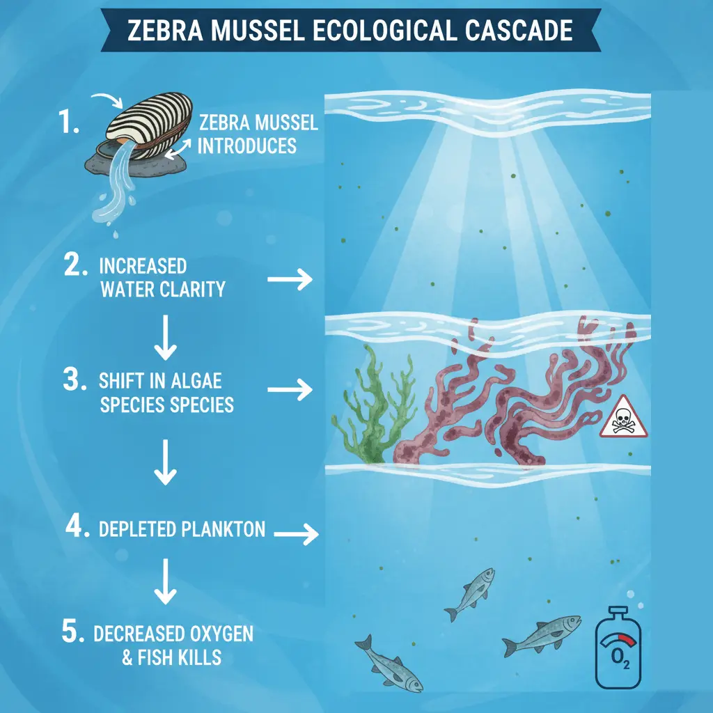 Zebra mussel ecological cascade diagram showing how invasive species change food webs water quality and cause fish kills.