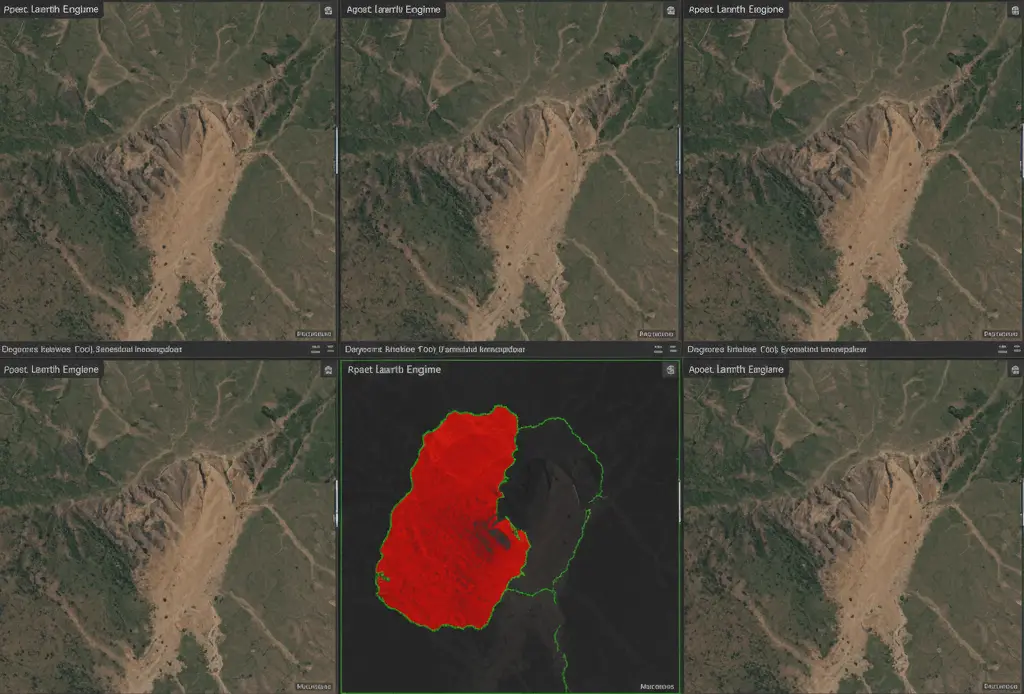 Google Earth Engine geology change detection GIF showing pre/post NDVI difference for landslide change detection.