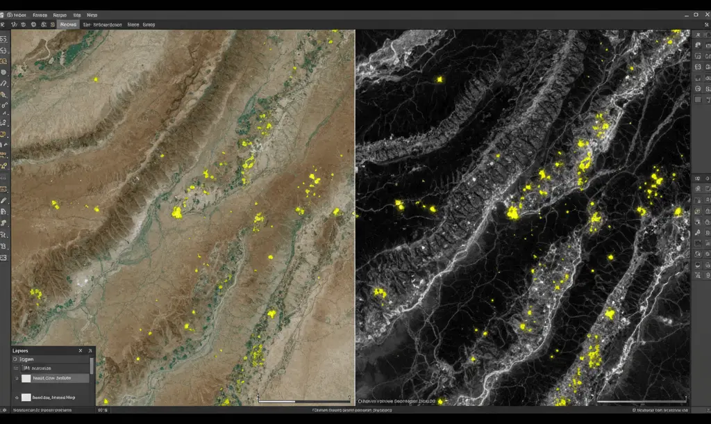 QGIS remote sensing geology output showing mineral detection using a band ratio on Sentinel-2 image.