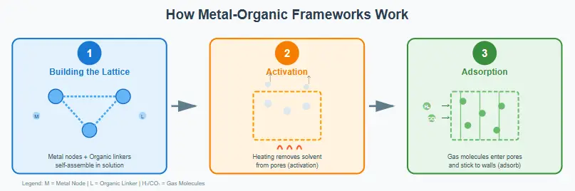 MOF chemistry process showing lattice building activation and gas adsorption in three simple steps.