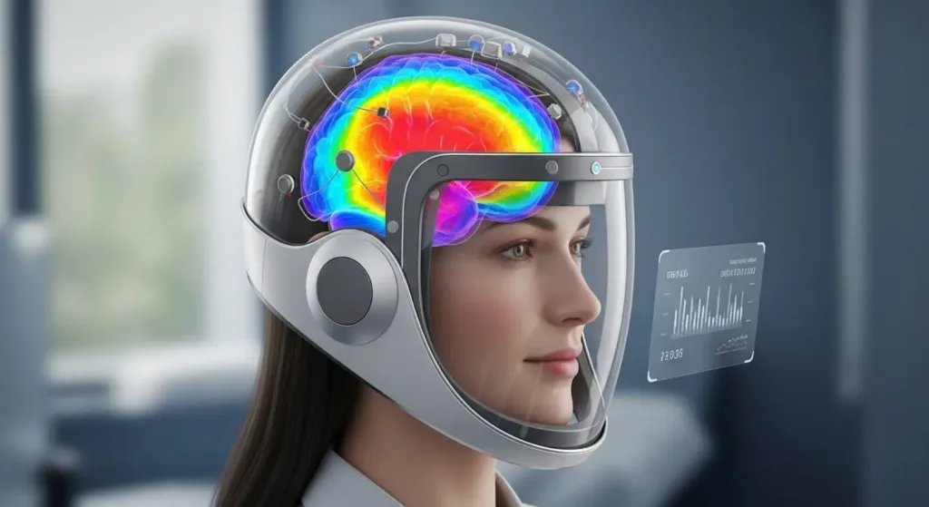 Wearable quantum magnetometer MEG helmet showing real-time brain activity monitoring with neural magnetic field detection.