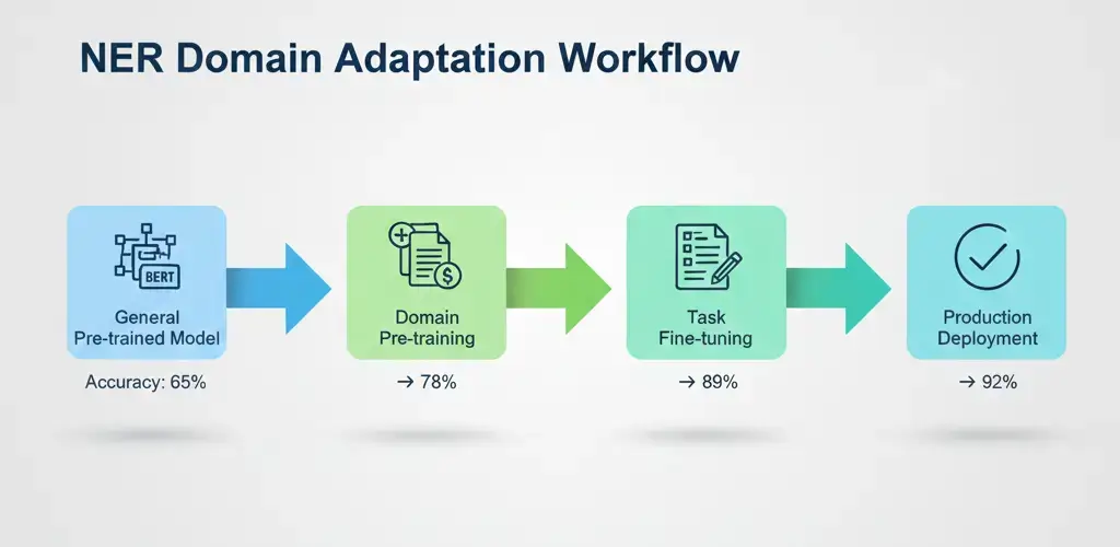 Domain adaptation workflow diagram showing transfer learning process from general pre-trained models to specialized NER systems through fine-tuning.