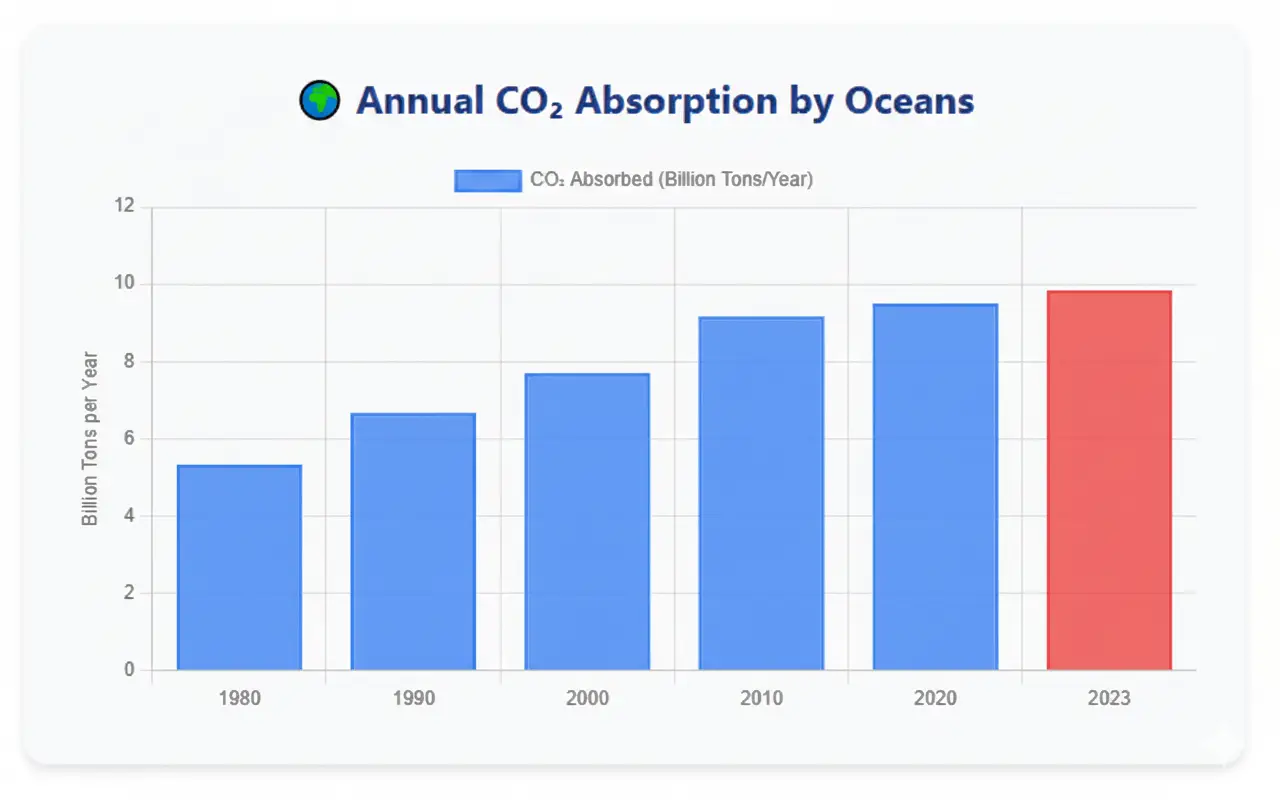 Bar chart showing annual CO₂ absorption by oceans from 1980 to 2023, rising from ~5 billion tons per year in 1980 to nearly 10 billion tons in 2023 – Learning Breeze.