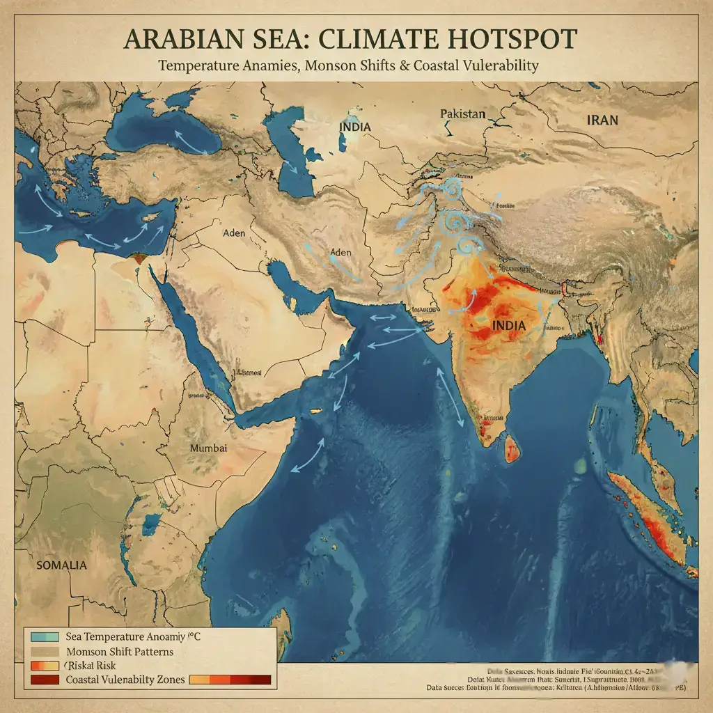 Map showing Arabian Sea climate anomalies, sea temperature rise, monsoon shift patterns, and coastal vulnerability across India, Pakistan, and surrounding regions.