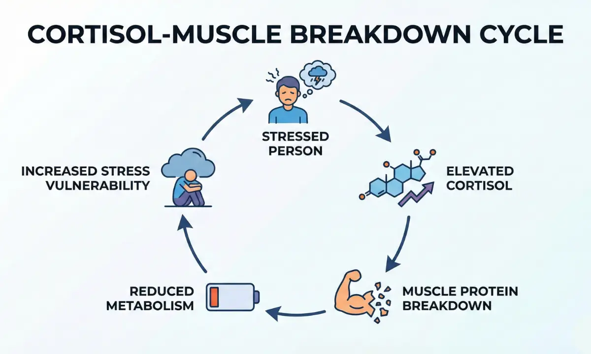 Infographic showing how chronic stress and high cortisol levels cause muscle protein breakdown.