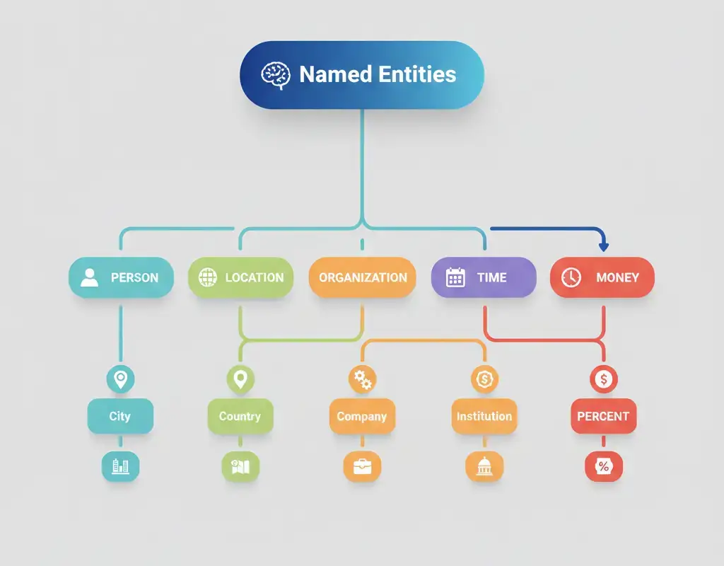 Named Entity Recognition taxonomy diagram showing hierarchical classification of entity types from general categories to domain-specific subcategories for NLP systems.