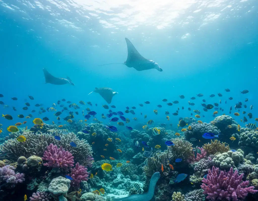 Vibrant coral reef with diverse coral species and colorful tropical fish swimming in clear blue water showing marine biodiversity.