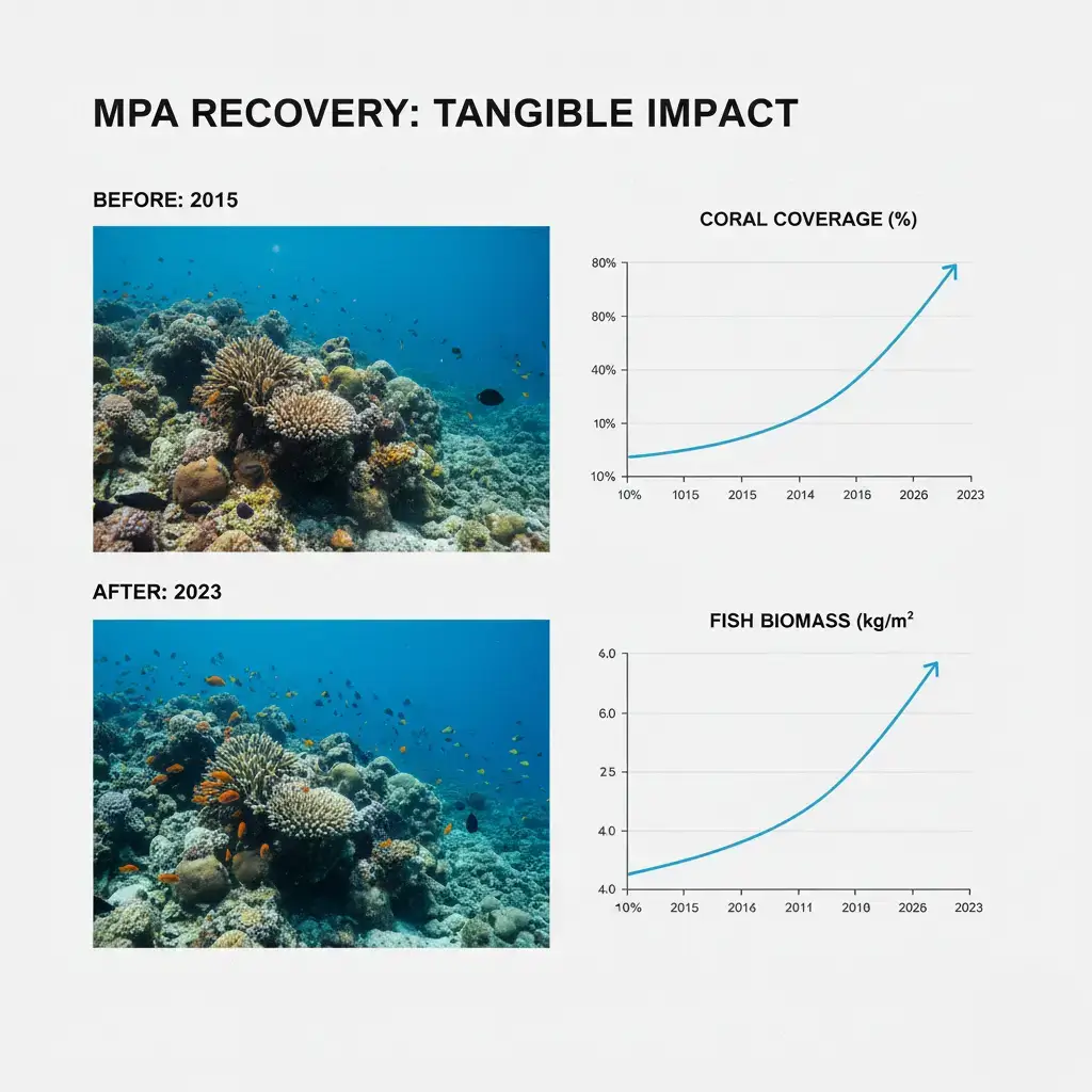 Side-by-side comparison of coral reefs in 2015 and 2023 with charts showing increases in coral coverage and fish biomass under Marine Protected Area recovery.