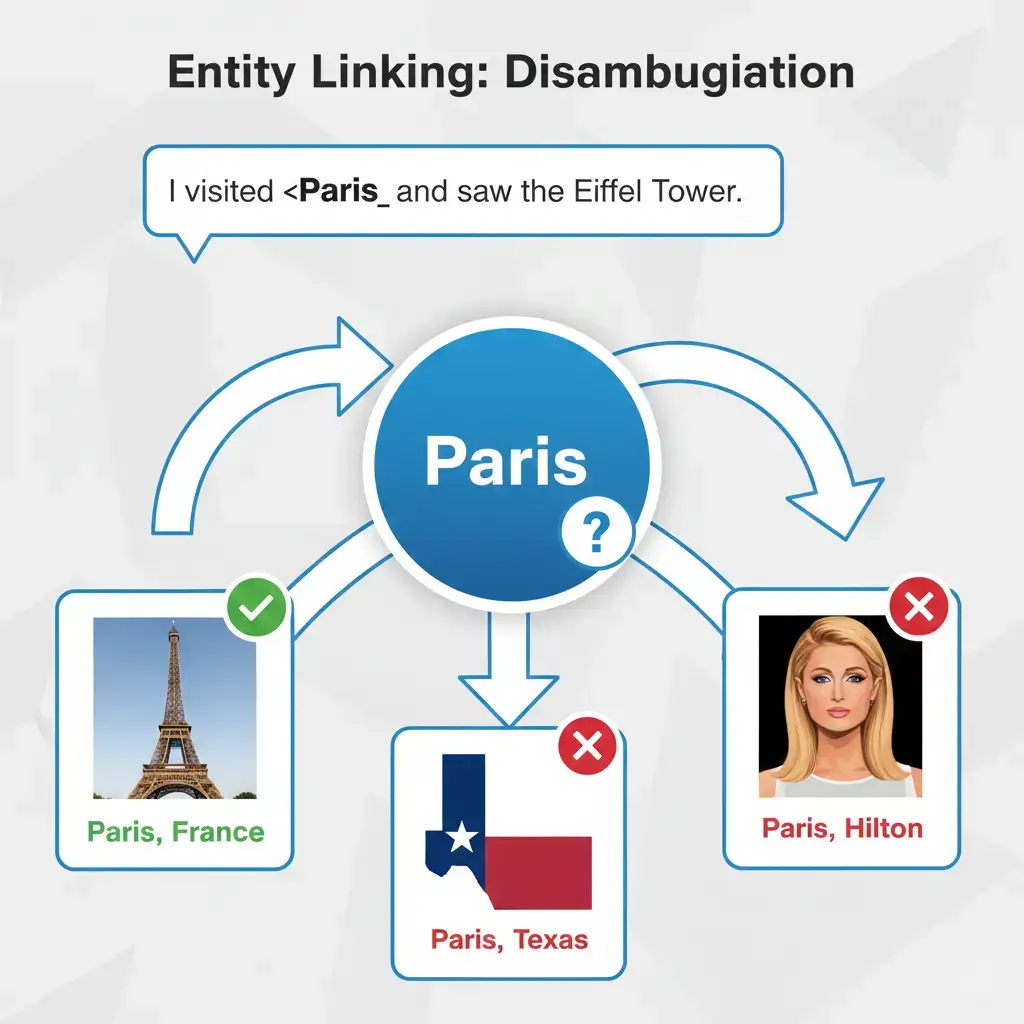 Entity linking disambiguation diagram showing how NER systems determine whether Paris refers to the French city, Texas city, or celebrity based on context.