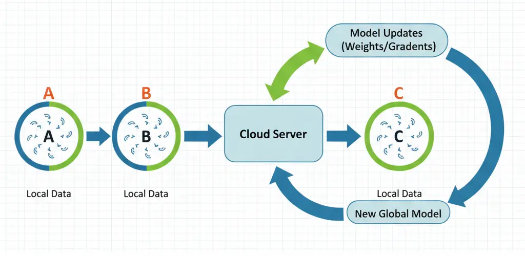 Diagram showing the federated learning process where local models (A, B, C) train on local data, send model updates like weights and gradients to a cloud server, and receive a new global model for improved learning.