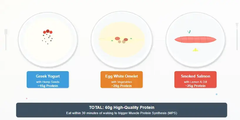 Protein-rich breakfast with 30-40 grams protein including Greek yogurt eggs and salmon for Muscle-Centric Medicine.
