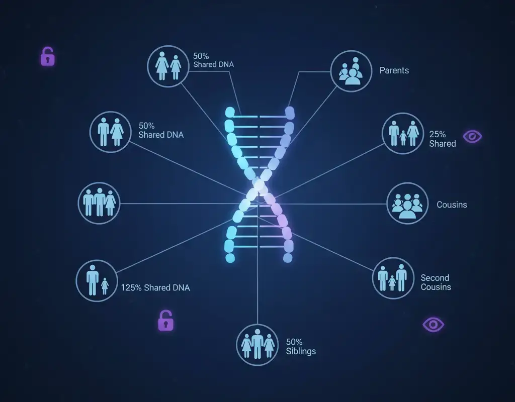 DNA family connection network diagram showing how genetic data from one person reveals information about siblings, parents, cousins, and extended family members.
