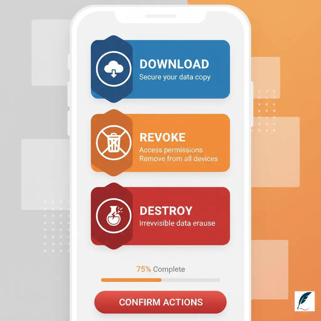 Action checklist infographic showing four steps to protect genetic data: download raw data, revoke research consent, request account deletion, destroy saliva sample.