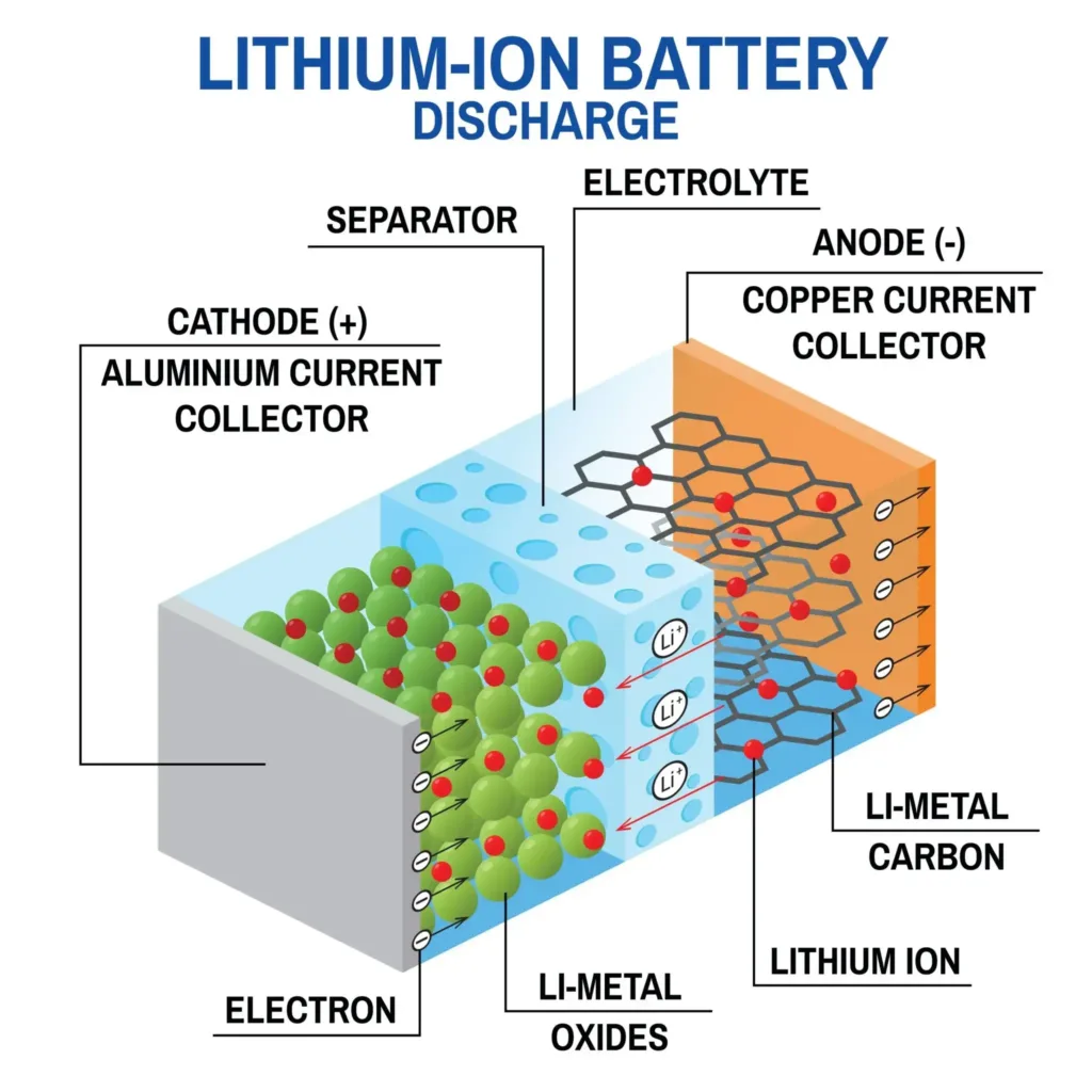 A 3D cross-sectional diagram illustrating the internal mechanism of a lithium-ion battery during discharge, showing lithium ions moving from the anode to the cathode through the separator while electrons flow through the current collectors.
