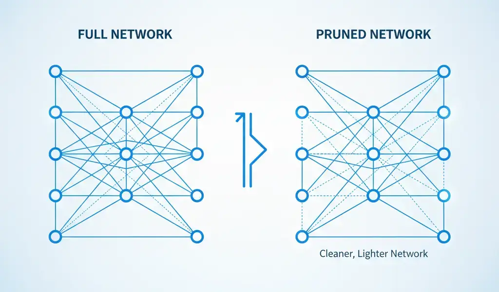 A comparison diagram showing a full neural network on the left and a pruned network on the right. The pruned version has fewer connections, representing a cleaner and lighter model optimized for faster and more efficient performance in Edge Computer Vision applications.