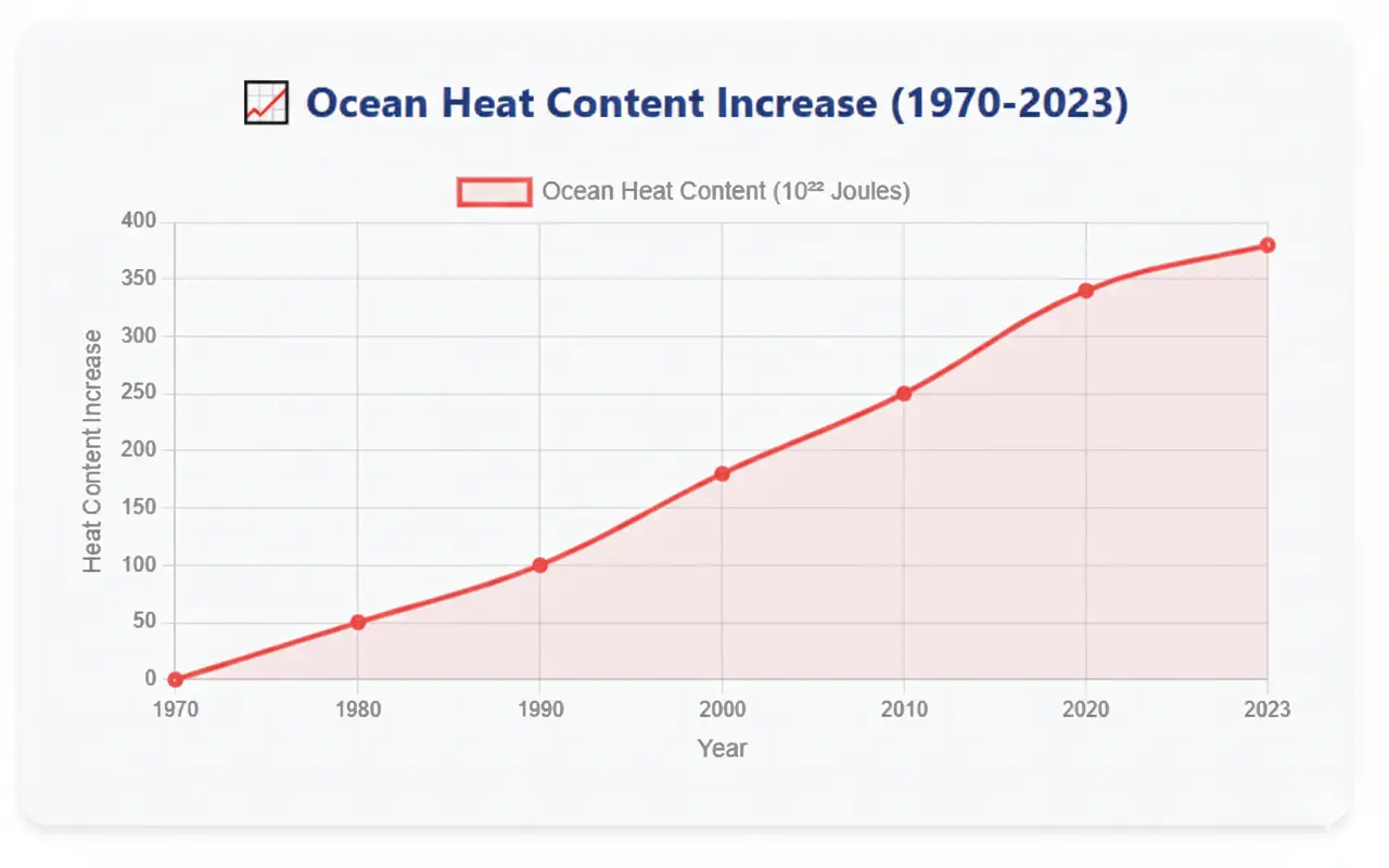 Line graph showing ocean heat content increase from 1970 to 2023, rising from near 0 to nearly 400 × 10²² joules, demonstrating oceans absorbing most excess heat from climate change – Learning Breeze.