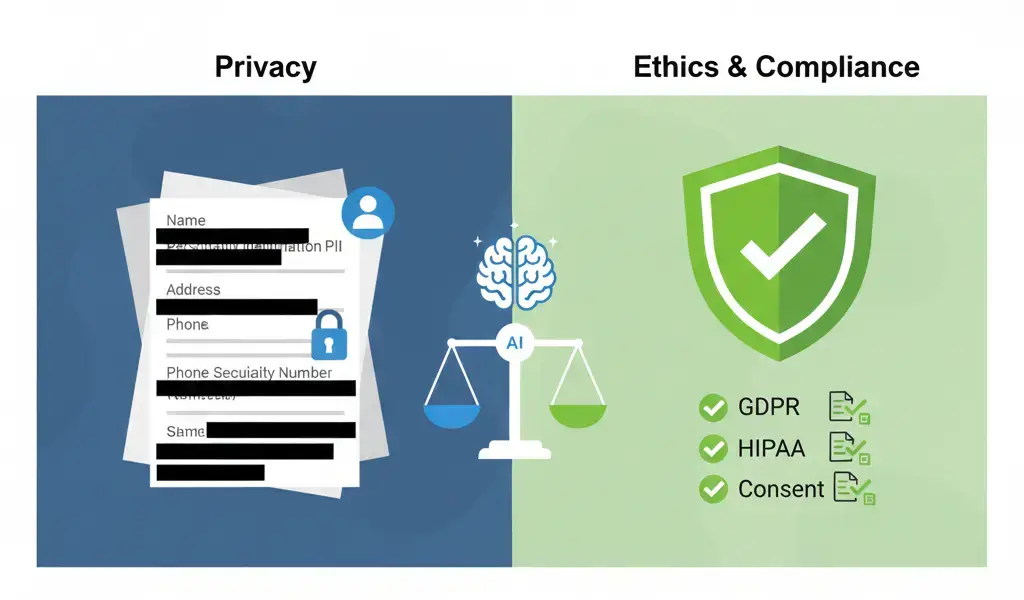 Privacy and ethics in NER illustration showing PII redaction, GDPR and HIPAA compliance, and responsible entity extraction practices.