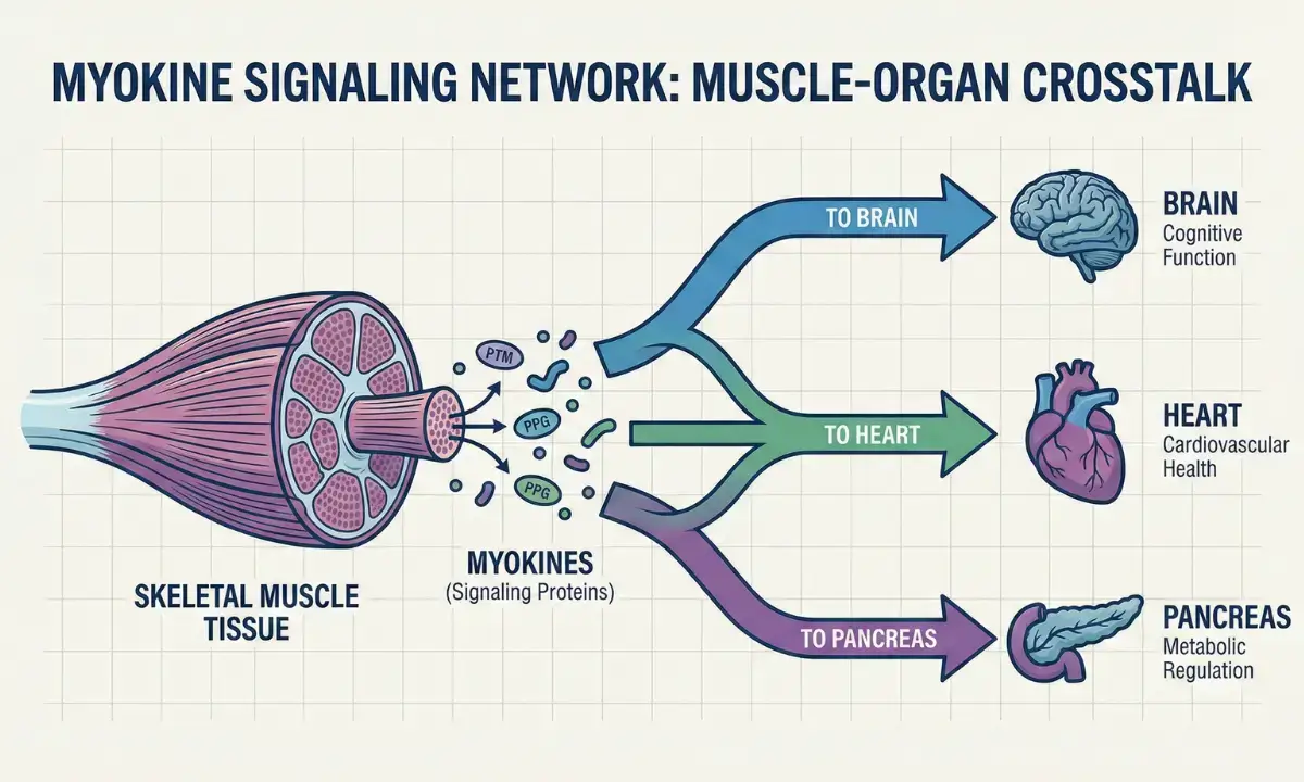 Diagram showing how skeletal muscle releases myokines to protect brain heart and immune system.