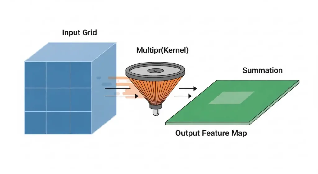 Convolution layer in AI process showing a kernel and feature map creation.