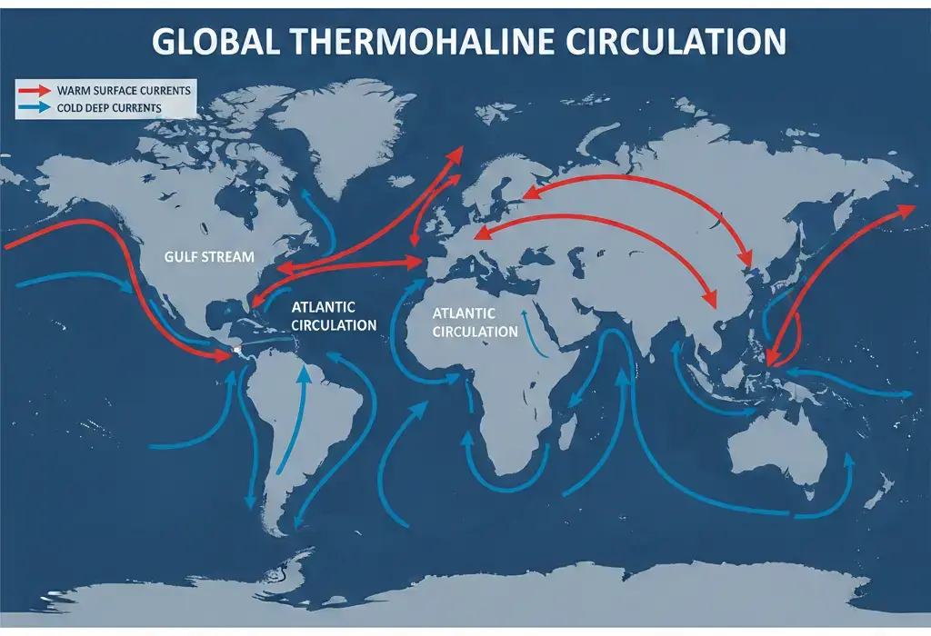 Diagram showing thermohaline circulation with warm surface currents in red and cold deep ocean currents in blue across global ocean basins.