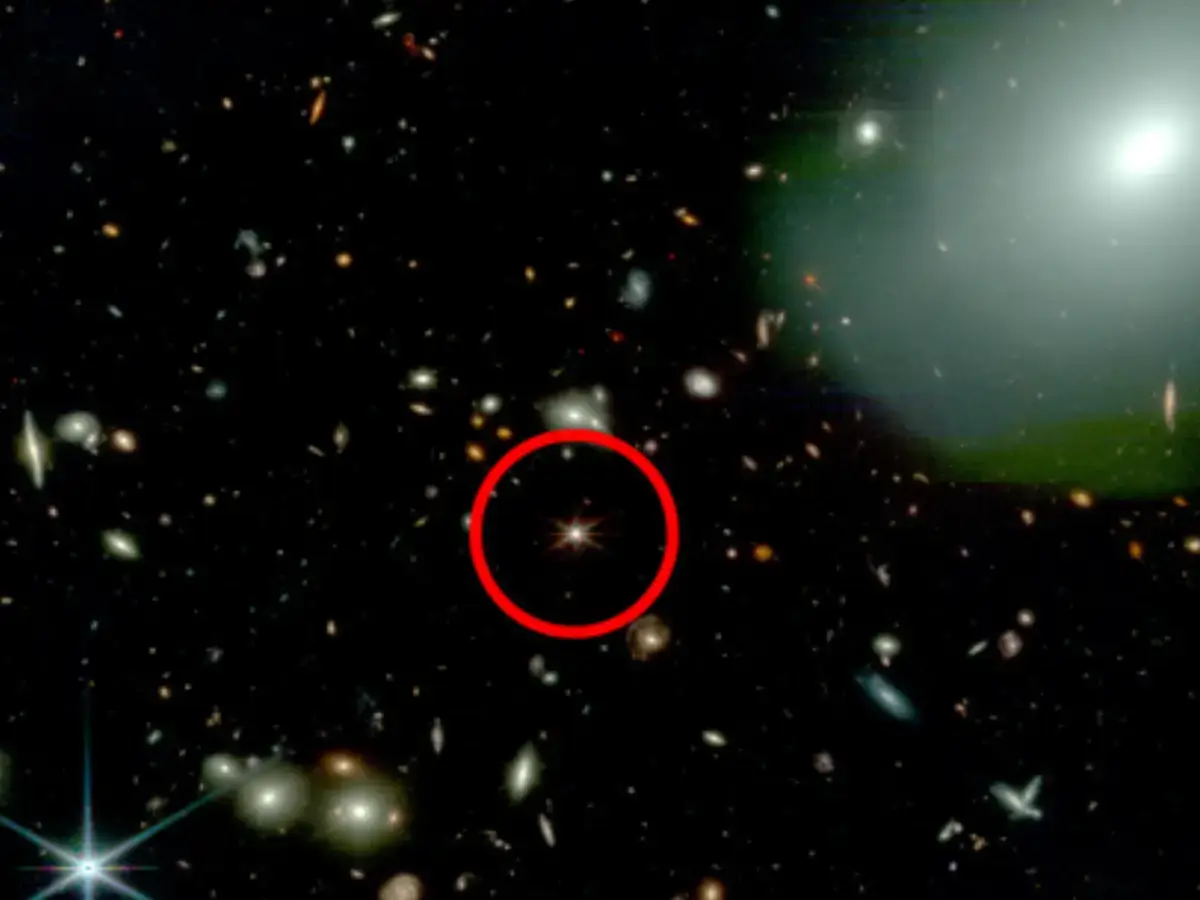 Deep-space image showing a distant quasar circled in red, surrounded by countless background galaxies in the early universe.