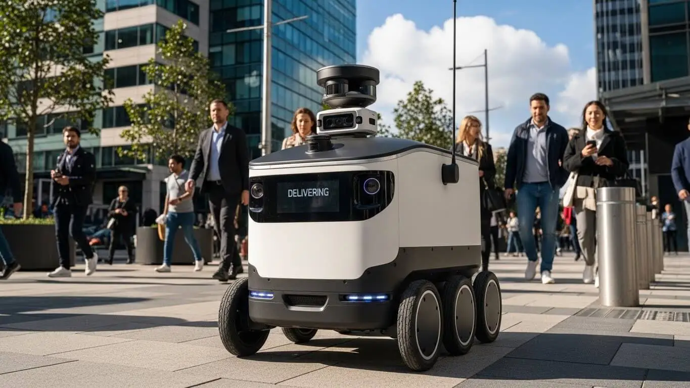 Small autonomous delivery robot navigating a busy city sidewalk for last-mile logistics.