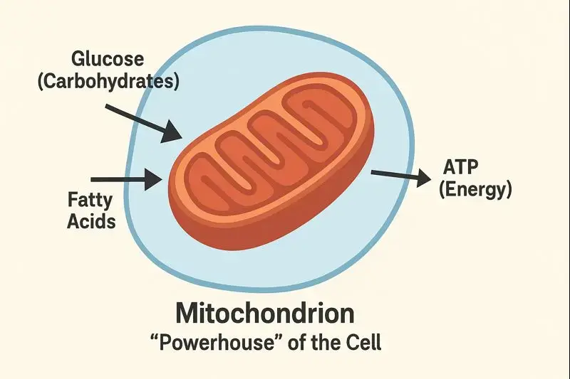 Detailed diagram showing how macronutrients (glucose, fats) are converted into ATP energy within the mitochondria of a human cell.