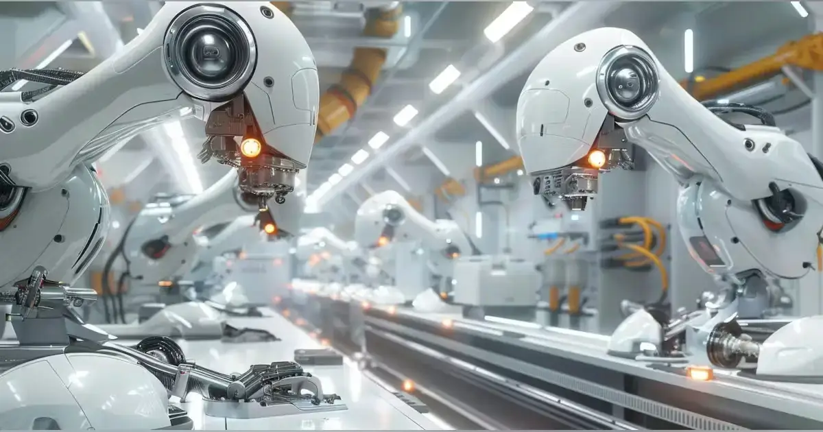 Industrial collaborative robot (cobot) working alongside a human employee in a smart factory.