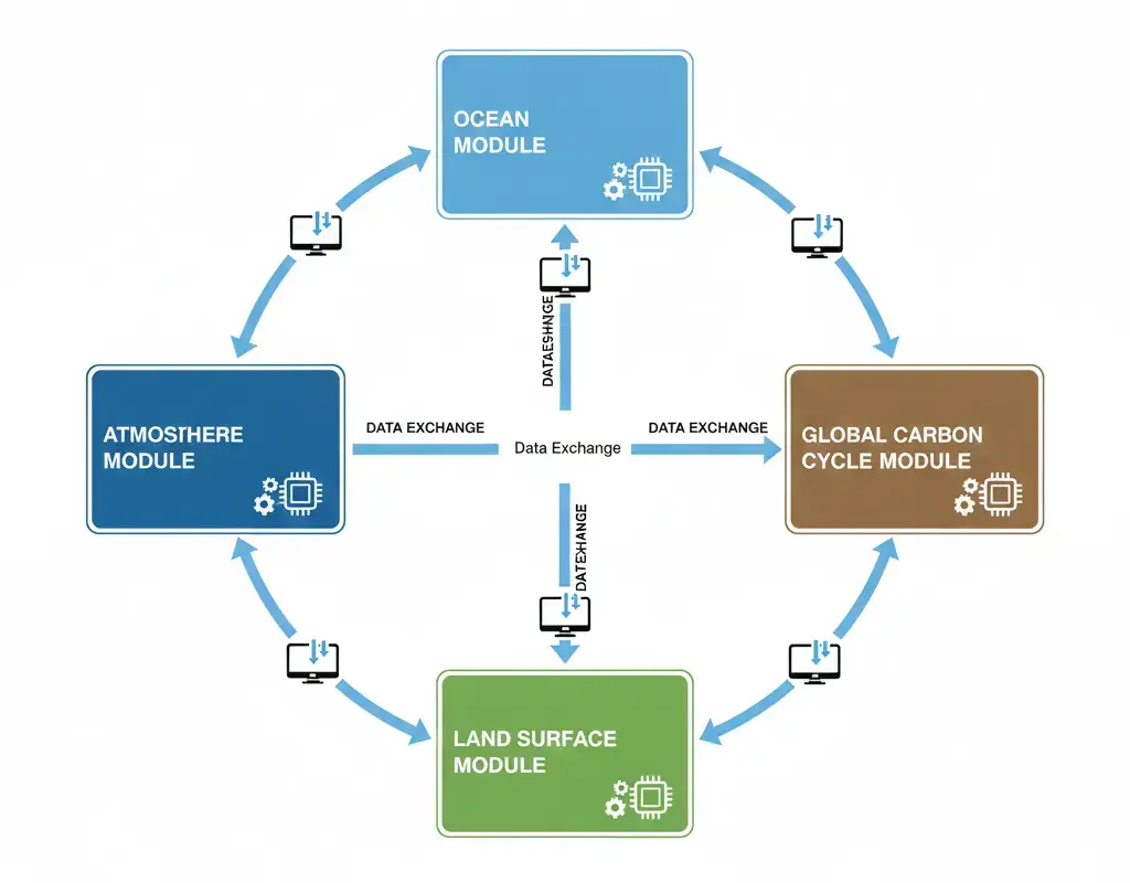 Earth system model schematic showing atmosphere ocean land ice carbon cycle components with coupled interactions.